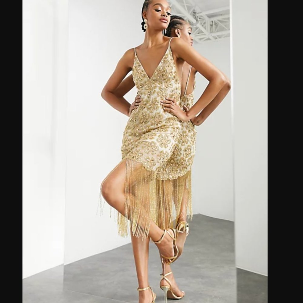 US 4 ASOS Edition beaded sequin fringe gold flapper style dress